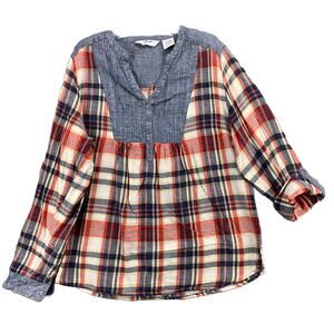Jillian Blu Womens Long Sleeve Top Sz Large Blouse Henley Plaid V Neck Roll Tab